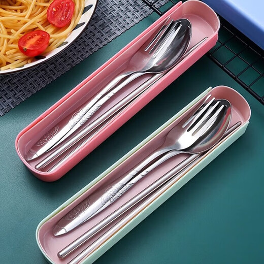 Chopsticks spoon set student stainless steel portable tableware three-piece set children's fork single office worker storage box portable tableware random color 4-piece set