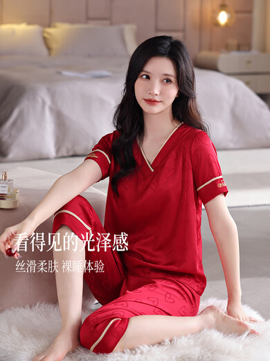 雅鹿冰丝睡衣女夏天2025新款短袖七分裤女士家居服高级感夏季套装薄 1349沙绿色 M