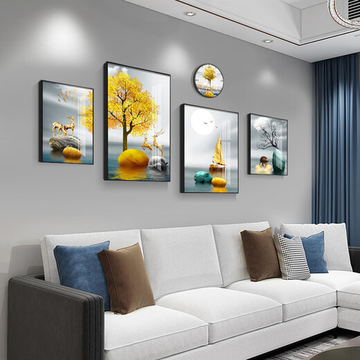 
Mohu living room decoration painting sofa background wall new mural modern simple TV background atmospheric abstract four-pair hanging painting Jinlu Nafu 15940 (including wall clock) tempered crystal porcelain combination-sturdy durable black frame