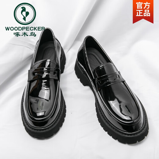 Holzspecker-Herren-Slipper 2025 Frühlings- und Herbst-Herrenschuhe erhöhte dicke alleinige glänzende trendige Lederschuhe Lazy Bohnen Schuhe 3519 Schwarz hochwertige Version 38