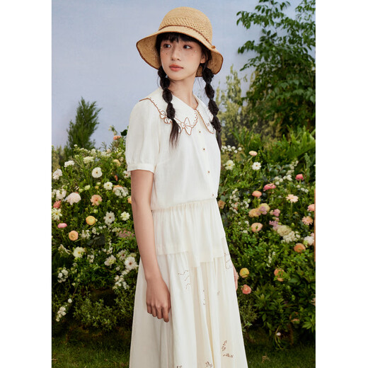 Zihan (ZIHAN) Zihan special-shaped lapel shirt embroidered skirt suit women's summer forest-style design two-piece set Mijin S