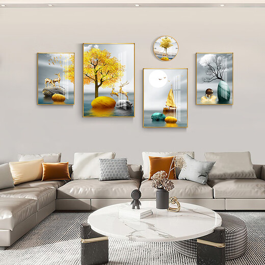 
Mohu living room decoration painting sofa background wall new mural modern simple TV background atmospheric abstract four-pair hanging painting Jinlu Nafu 15940 (including wall clock) tempered crystal porcelain combination-sturdy durable black frame