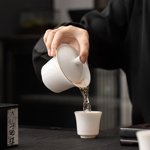 SUSHI CERAMICS Hovering Horseshoe Sancai Covered Bowl Mutton Fat Jade Gold Dehua White Porcelain Kung Fu Tea Set J1038