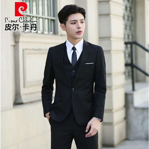 Pierre Cardin suit men's slim business casual professional formal wear groom's best man's wedding dress work small suit men's double-button black single suit M 90-105Jin Jin equals 0.5 kg