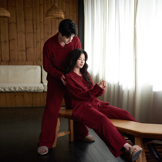 Sha Qian Autumn and Winter New Red Half Velvet Couple Pajamas Newly Married Men and Women Coral Velvet Home Clothing Set L857061-L957061 Maroon L Female (Height 166-170, Weight 100-130)