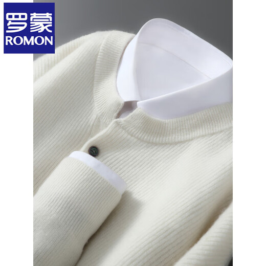 ROMON 100 pure wool sweater men's autumn and winter round neck pullover loose Henry collar sweater casual business thickened sweater white S 100-120Jin Jin equals 0.5 kg