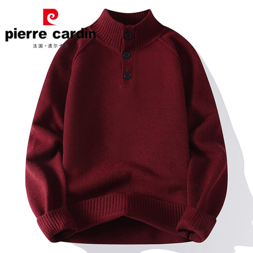 Pierre Cardin Button Henley Collar Sweater Men's Loose 2025 New Autumn and Winter Thickened Warm Top Men's Bottoming Sweater Burgundy M