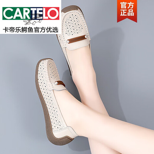 Cartelo Bean Schuhe Frauenschuhe 2025 Neues Sommer Echtes Leder flacher Schuhe nicht rutschernde atmungsaktive weiche alleinige Frühlings- und Herbst-Mutterschuhe 826 Beige Hollow 38
