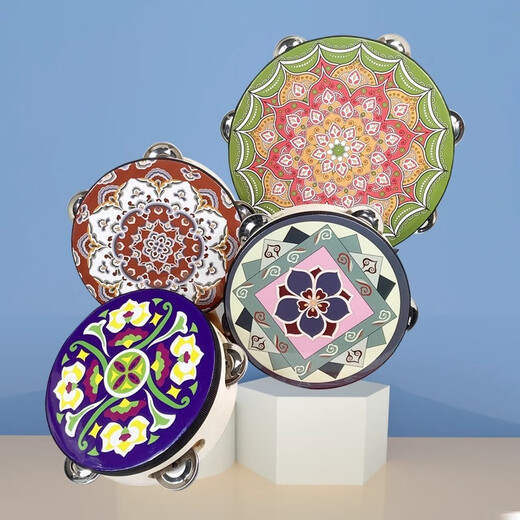 网童奇贝铃鼓舞蹈道具新疆维族手鼓专业打击乐器考级幼儿园儿童敦煌手拍鼓 【黑底紫荆花】7英寸直径17.5cm