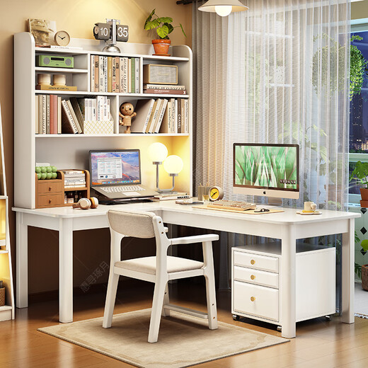 Huixun solid wood corner desk bookshelf integrated home corner L-shaped computer desk 7-shaped workbench semi-surrounded study table walnut color #desk + bookshelf 120cm*60cm*190cm auxiliary seat length 120cm