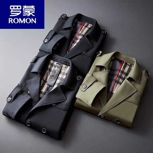 
ROMON high-end long windbreaker for men's new spring and autumn over-knee double-breasted business casual mid-length British handsome jacket Black 2XL