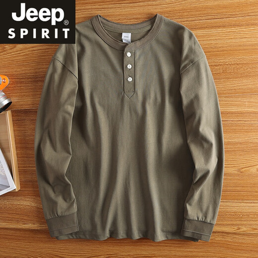 JEEP SPIRIT heavyweight cotton T-shirt men's long-sleeved inner Japanese retro bottoming shirt loose trendy T-shirt top new Henry shirt military green M