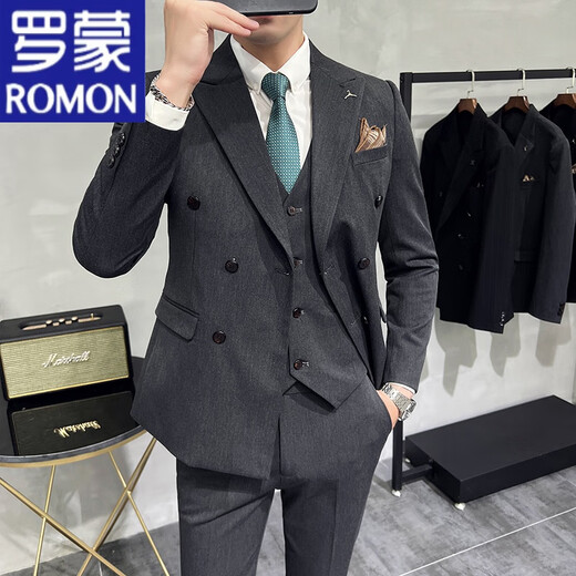 ROMON anti-wrinkle and iron-free casual double-breasted suit for groom, men's slim-fit double-slit small suit, lapel collar formal suit, double-breasted black one-piece suit S
