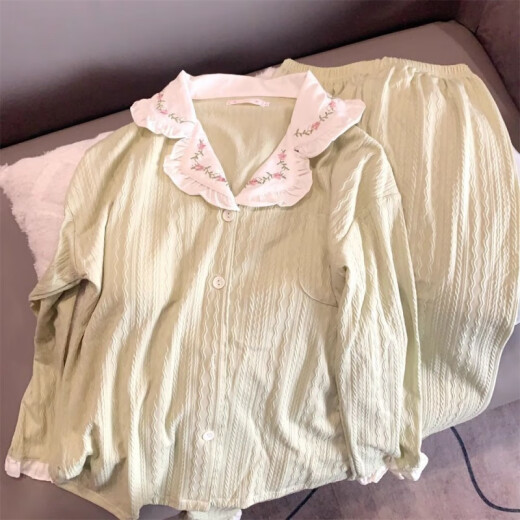 清中乔带棉垫睡衣女款春秋冬季纯棉长袖长裤少女甜美花朵夏天家居服套装 带棉垫#.9926米白套装 -面料 XL 建议120-140斤