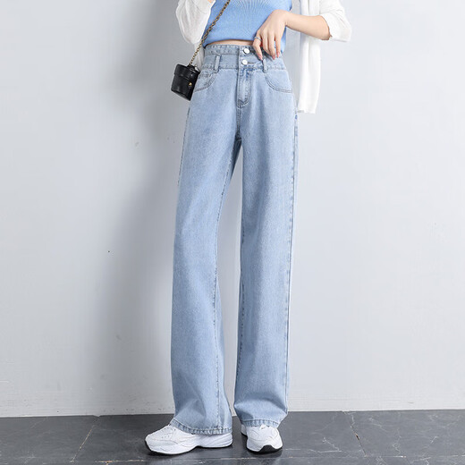 延芮高腰阔腿牛仔裤女新款显瘦直筒宽松垂感拖地春秋长裤牛仔裤 6218浅蓝色加长 M