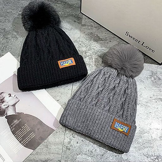 Runhua new hat for children new winter woolen hat warm and velvet thickened white knitted women's fashion versatile ear protection off-white happy