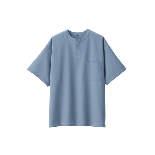 无印良品（MUJI） 男式 易干弹力泡泡纱 亨利领短袖衫 男士打底衫男款 AC1WAA4S 烟熏蓝色 L 175/100A