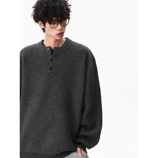 SWAMP AREA American retro Henry collar button sweater for men in winter loose lazy bottoming pullover sweater black upgraded model M