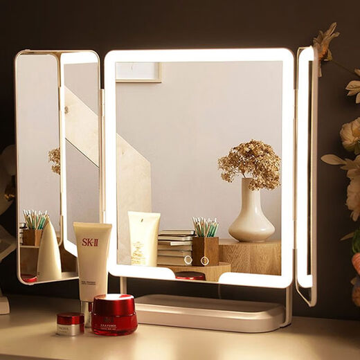 Multi-functional three-fold mirror desktop desktop led lighted makeup mirror folding mirror home dormitory supplementary light ins white large size with magnification foldable (rechargeable model 5000 mAh)*