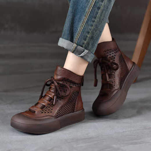Woodpecker Martin Boots Women's Summer New Retro Leather Thin Breathable Thick Sole Casual Sandal Boots Women's Brown 35