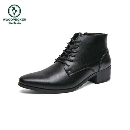啄木鸟真皮马丁靴男韩版英伦商务内增高中帮高跟尖头发型师皮鞋高帮皮靴 2232棕色 42 标准皮鞋码