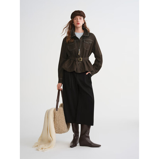 Single-bunch plus size women's urban nomadic style bud silhouette shirt autumn and winter tops contrasting topstitch shirt nomadic brown 3XL (size 5)