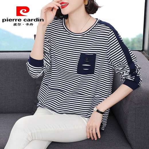 Pier Cardin Striped Top für Frauen im Frühjahr und Herbst 2025 Neue Mutter Eine Mutter Baumwolle langärmeliges T-Shirt für Frauen mittleren Alters im mittleren Altersreduzierende Basishemd Modetrend Blau und weiße Streifen 698 Modelle 4xl empfohlen 145-160jin [Jin gleich 0,5 kg]
