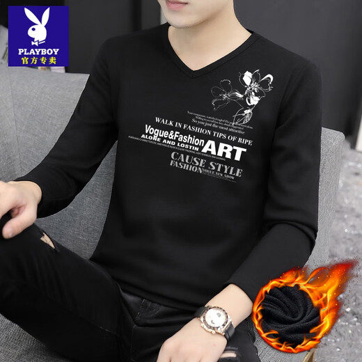 Playboy (PLAYBOY) velvet warm bottoming shirt men's slim V-neck long-sleeved t-shirt autumn and winter simple top sweetheart neck inner T-shirt white 9988 V-neck velvet XL