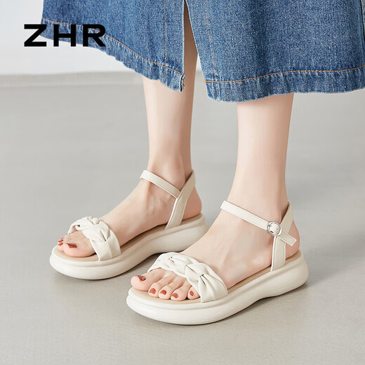 ZHR凉鞋女夏季时尚厚底增高女鞋简约一字带搭扣鞋子女 M563 米色 37 
