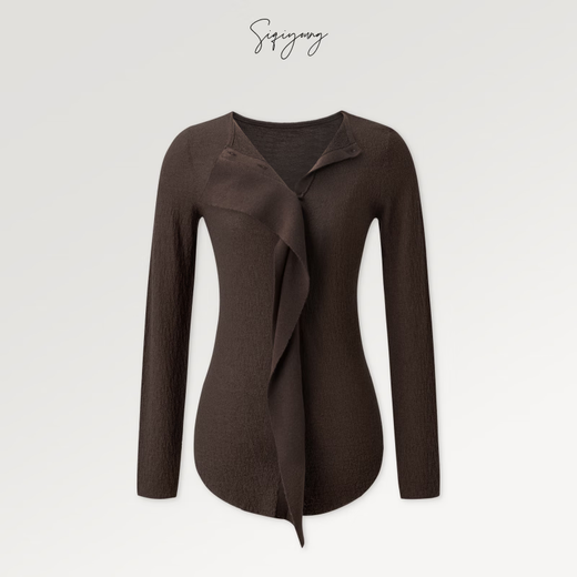 SIQIYOUNG Artist Series-Wool blended cardigan, asymmetrical design, slim, luxurious and slim, milk tea color S