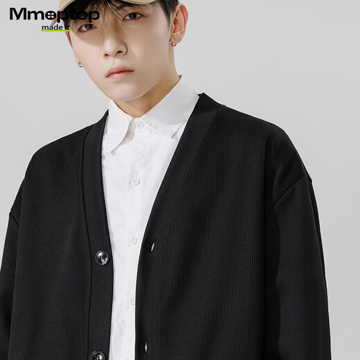 MMOPTOP Japanese solid color sweater long-sleeved men's autumn and winter retro loose V-neck cardigan MT2350 black 2XL