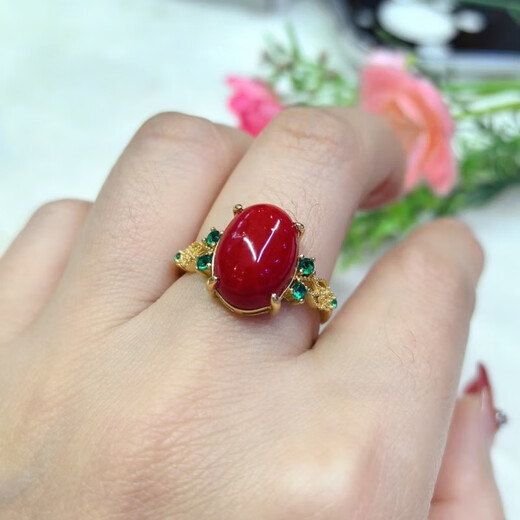 Sanskrit-made natural coral cabochon, simple and versatile ring, sterling silver inlaid with live mouth design, coral ring 99642