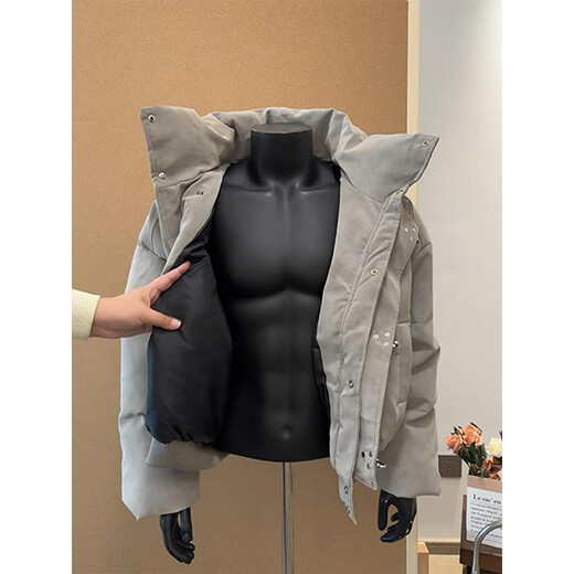 Katuchi tie-dyed PU leather down jacket men's winter thickened cotton coat high-neck cotton coat American trendy brand short cotton jacket gray XL