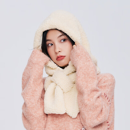 FANCET Hat and Scarf All-in-one Women's Winter Cute and Versatile Plush Hooded Student Ear Protection Thickened Warm Scarf Furui White