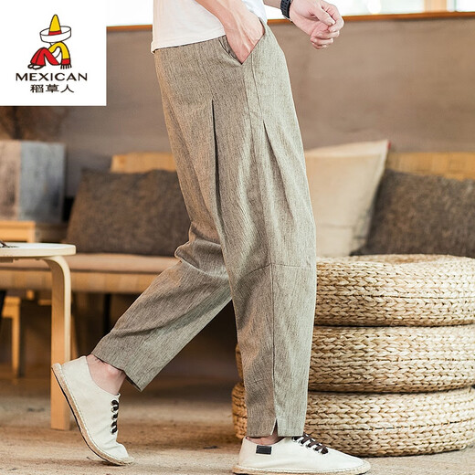 Pantalones de lino de espantapájaros para los hombres delgados chinos de verano para hombres sueltos de pierna ancha de nueve piernas de algodón de moda