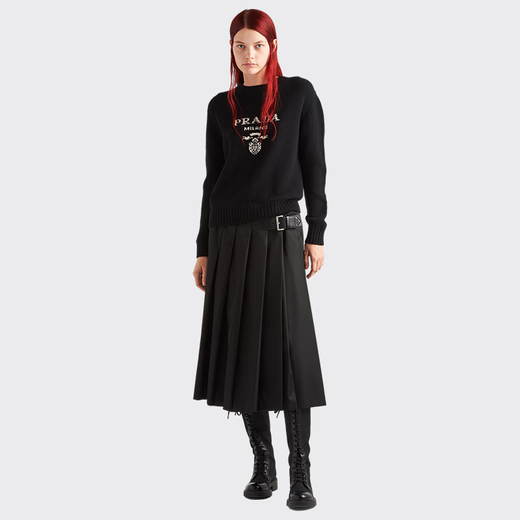 PRADA/Prada Gift Women's Logo Decorated Cashmere and Wool Blend Crew Neck Sweater Black 36