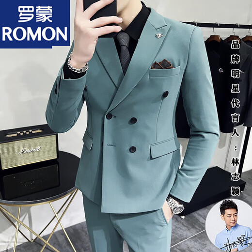 ROMON Double-breasted Suit Men's Slim Fit 2023 Trendy New Performance Dress Fashion Small Suit Dark Green Two-piece Suit + Pants (XL)