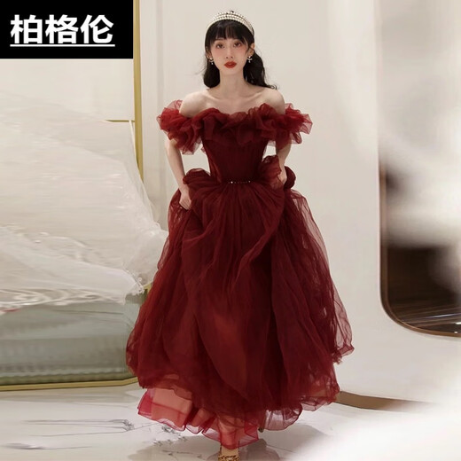Berggren one-shoulder burgundy toast dress bride's French fluffy gauze coming-of-age ceremony banquet host performance evening dress for women burgundy XXS