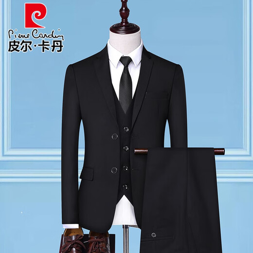 Pierre Cardin suit men's slim business casual professional formal wear groom's best man's wedding dress work small suit men's double-button black single suit M 90-105Jin Jin equals 0.5 kg