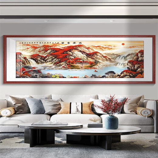 山头林村万里长城画靠山图国画客厅山水画办公室挂画鸿运当头沙发背景墙画 12-Z泰山 框宽3.5钢化晶瓷亮面12353
