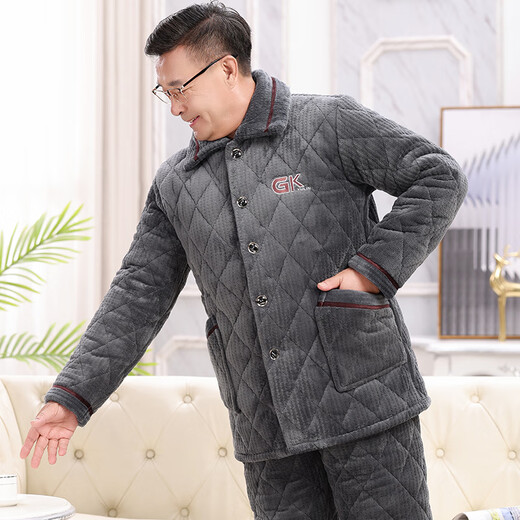 Pajamas pour hommes Xuanduoqi en hiver épaissis et velours corallien velours à trois couches en coton de l'âge moyen et âgés père d'automne et de vêtements de maison d'hiver C9902 # hommes gris noir [Velvet de lait] xl (120-140jin [Jin équivaut à 0,5 kg]) à trois couches épouses épaisseries