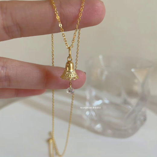 Shengli 18K gold bell tassel necklace for women sterling silver gold-plated lace single diamond clavicle chain jingle temperament gift trend A.H bell necklace