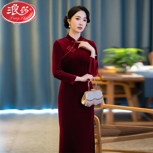 LangSha improved cheongsam autumn and winter plus velvet and thickened gold velvet 2024 new temperament noble dress for mother-in-law wedding banquet mother red 2XL suitable for 120-130Jin Jin equals 0.5 kg