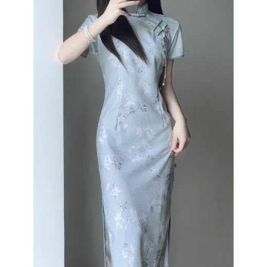Reserved style new Chinese retro Republican style cheongsam 2025 summer new young girl slim dress for women long 719 flower branches [excluding accessories] M Recommended 85-100 Jin [Jin equals 0.5 kg]