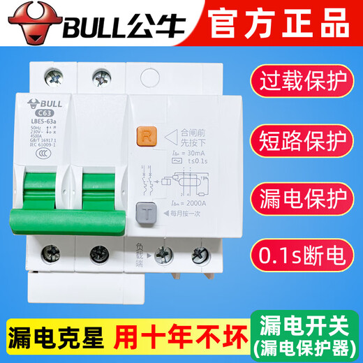 BULL leakage protector switch air with circuit breaker household 220v electric water heater electric knife 2P 63A