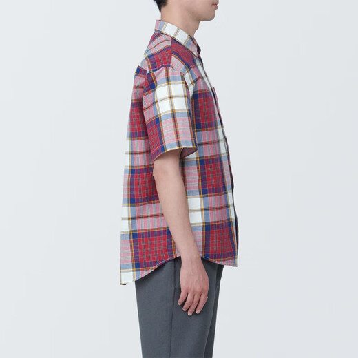 MUJI men's Madras checked button-neck short-sleeved shirt men's shirt jacket pure cotton AC1W8A4S red checked S (165/84A)