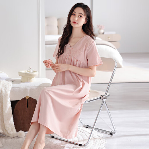 浪莎（LangSha）睡裙女夏季纯棉薄款短袖带胸垫家居服女士甜美公主风可外穿连衣裙 701柔粉（带胸垫） M【155-160cm/90-110斤】