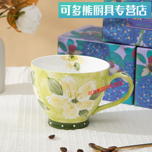 Silent Noel light luxury style ceramic cup, home hand-painted pastoral breakfast cup, milk cup, good-looking coffee cup, drinking cup, spring blossoms, boxed with cherry blossom golden spoon)