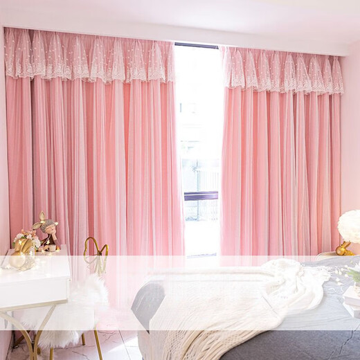 Ruiba Cream Style Curtains Blackout Beige Girly Bedroom Bay Window Double Layer Douyin Internet Celebrity Princess Style Fantasy Cloth and Gauze Integrated with Curtain Head - Not Hollow Cream Color Width 2.0*Height 2.7-Hook Type One Piece Height Adjustable