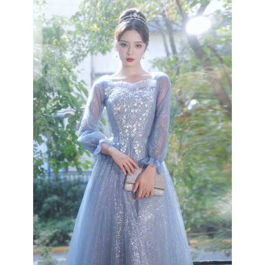 兰卡·罗妮蓝色晚礼服女2024新款宴会气质长袖轻奢小众高端演出艺考裙伴娘服 天蓝色 XXL(建议126-135斤）